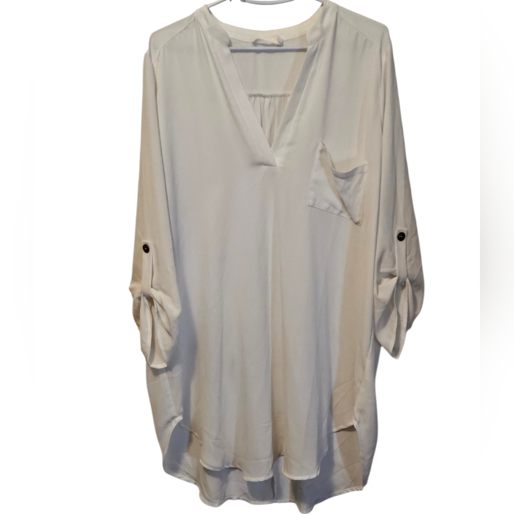 Lush Tunic Blouse V-Neck 3/4 Sleeve Pocket Casual White Sheer Top Size XL